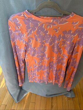 BCBGMaxAzria Coral Long Sleeve Tee with Lilac Floral Print
